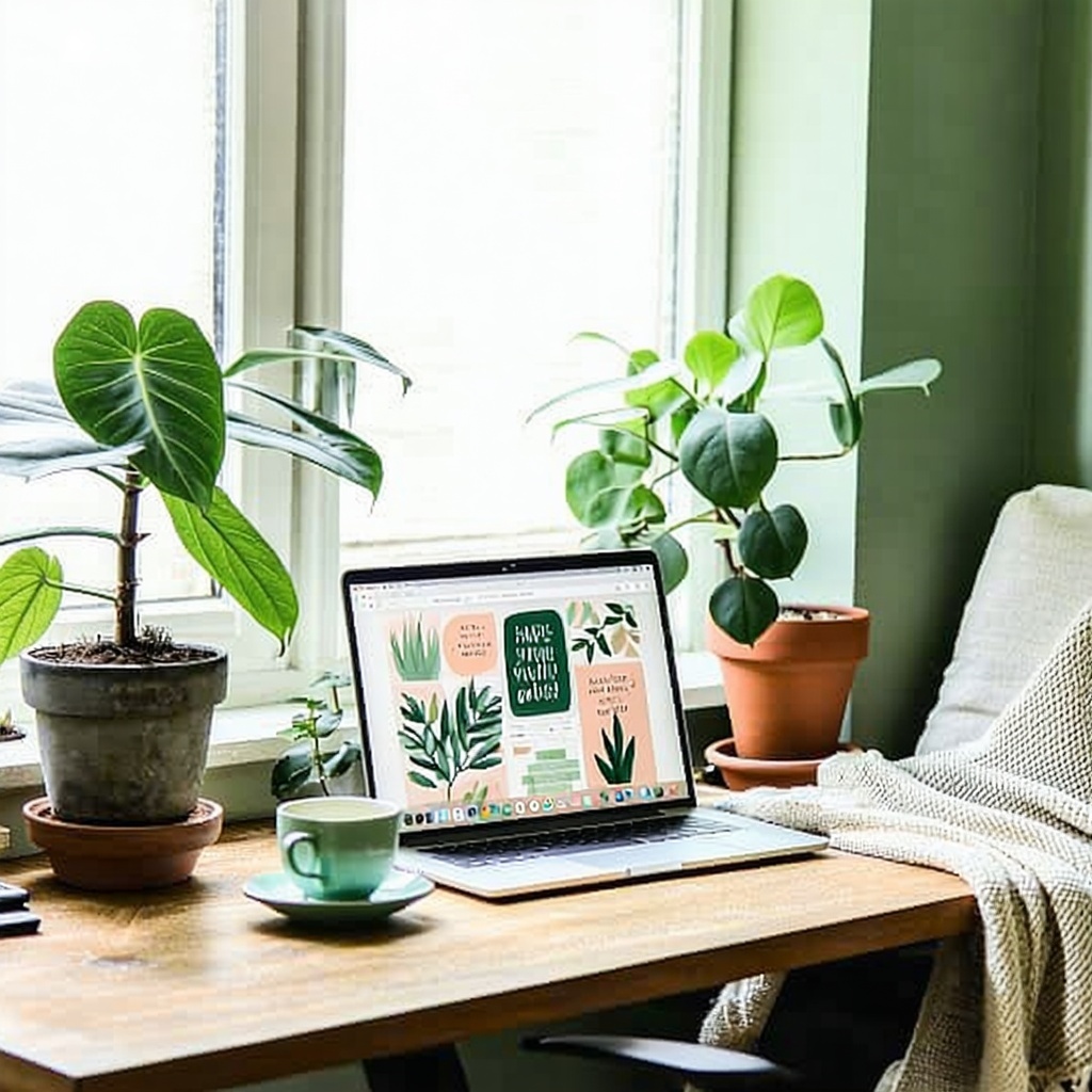 The image features a serene and inviting workspace bathed in soft natural light streaming through a large window A wooden desk is adorned with lush green plants including a thriving fiddle leaf fig and a small succulent in a decorative pot On the des